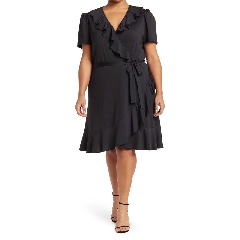 BY Design Ruffle Faux Wrap Dress S M L Black Short Sleeve Knee Length B20